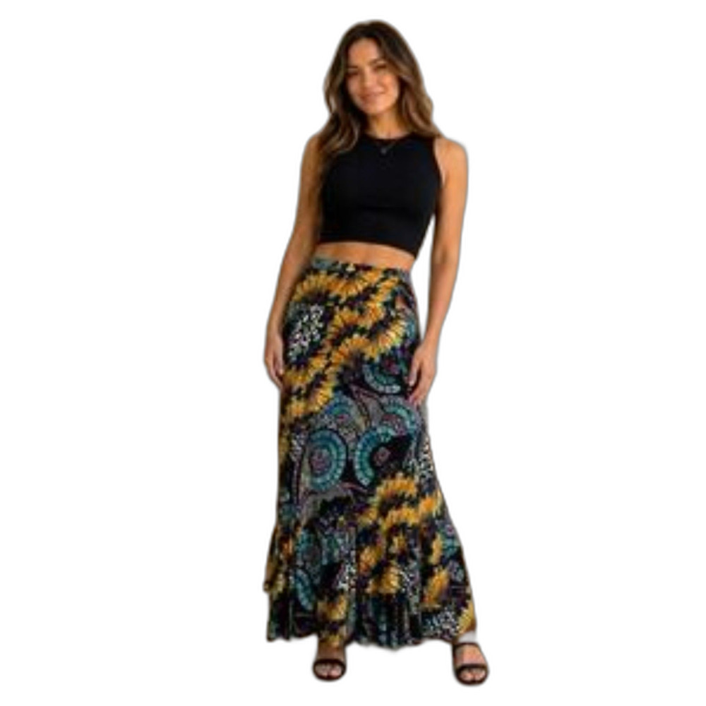 Boho Bright Floral Tiered Ruffled Maxi Dress Stretch Size Large L Bisou Bisou